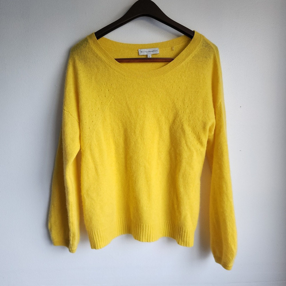 White + Warren Yellow Cashmere Sweater Pointelle Raglan Crewneck Womens L